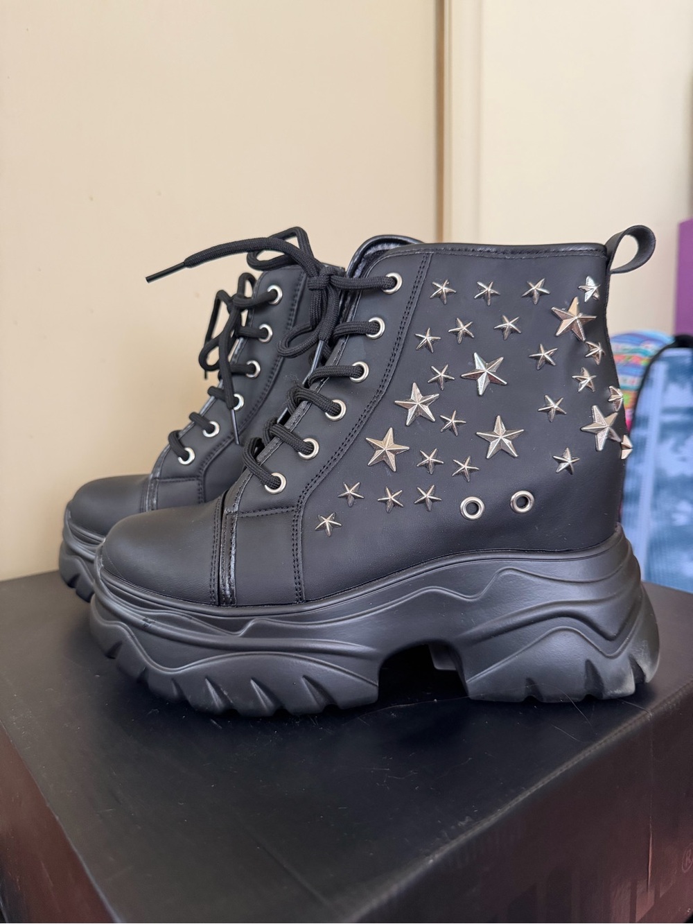 Dolls Kill Black Star-Studded Platform Lace-Up Boots